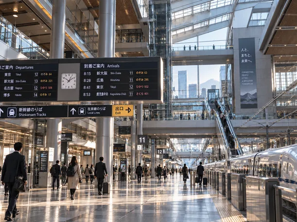 Busy high-speed railway station concourse with bilingual departure boards, platform signs and a bullet train