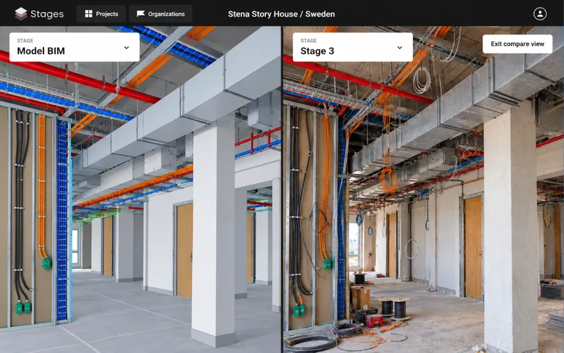 STAGES compare view of one corridor: BIM model on the left and the same space under construction at Stage 3 on the right