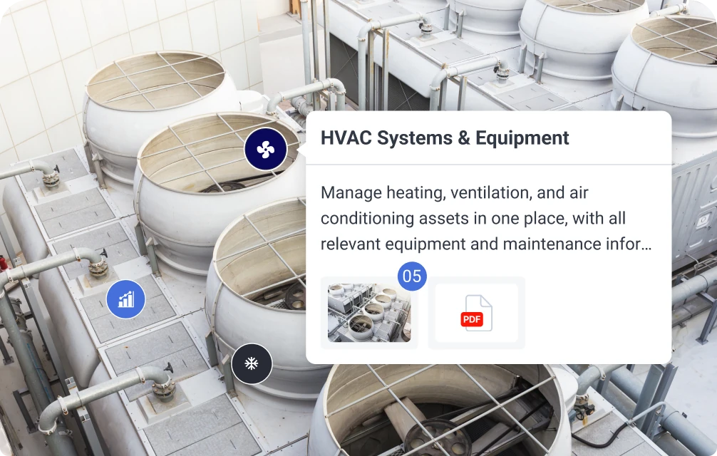 Rooftop HVAC units with asset markers and an open tooltip for HVAC systems and equipment