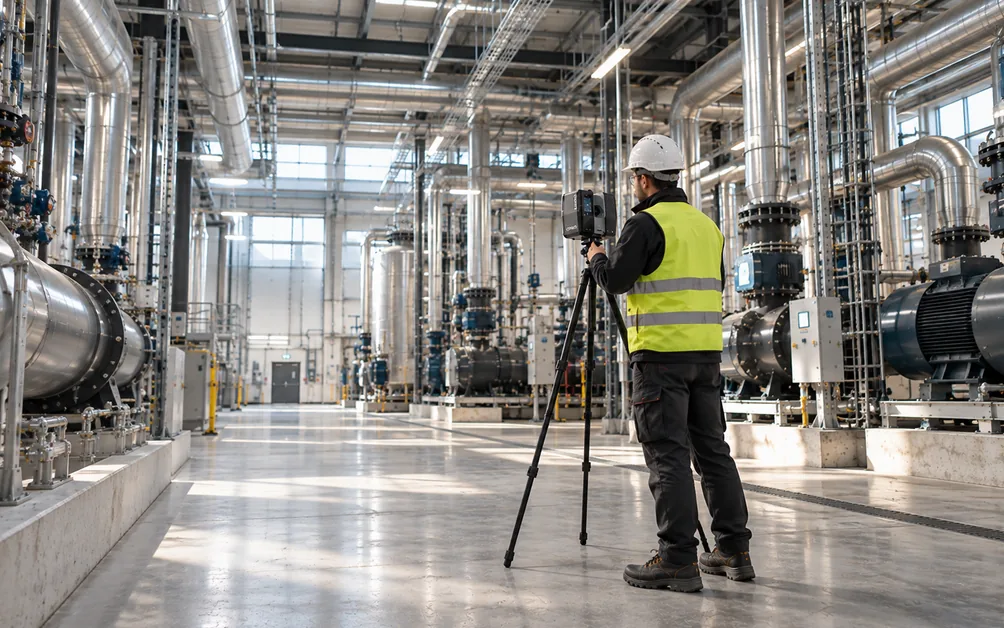 Surveyor in a hard hat operating a tripod laser scanner in a large industrial plant room